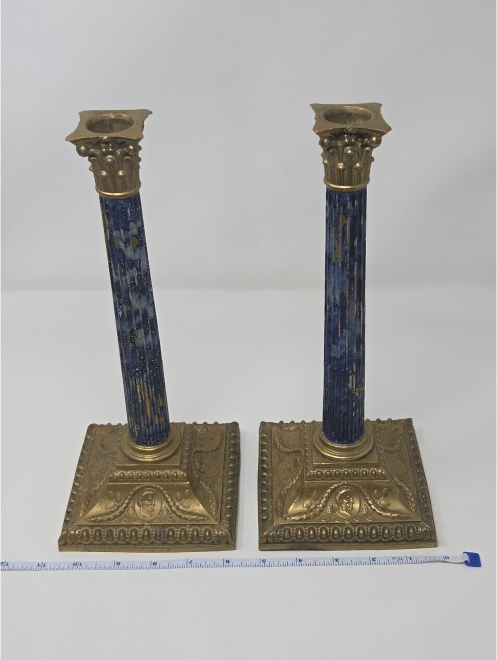 Pair Victorian Solid Brass Candlesticks w/ Painted Blue Column & Square Base